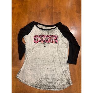 Hurley Y2K Raglan Tee XS Gray Black Burnout Graphic 3/4 Sleeve Surf Skater